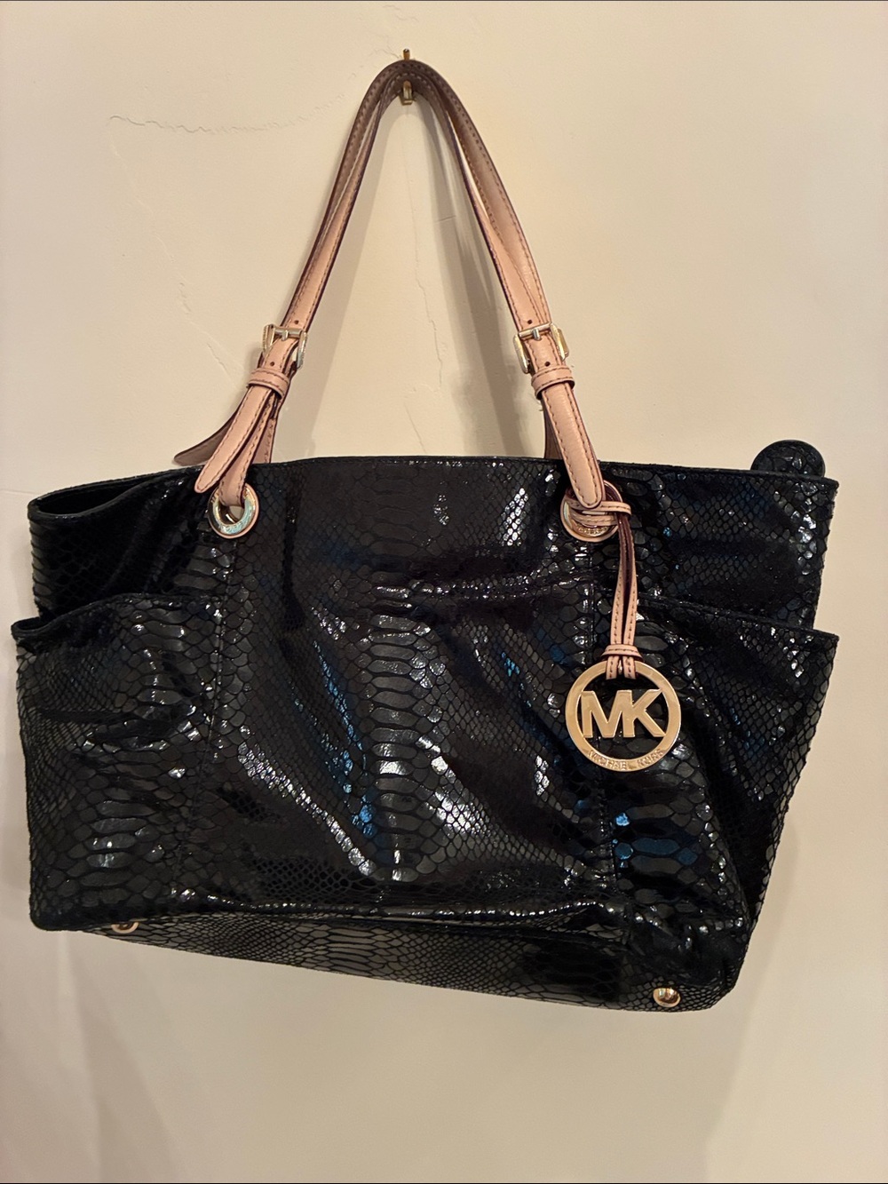 Michael Kors Black Patent Snake-Embossed Tote with Leather Handles